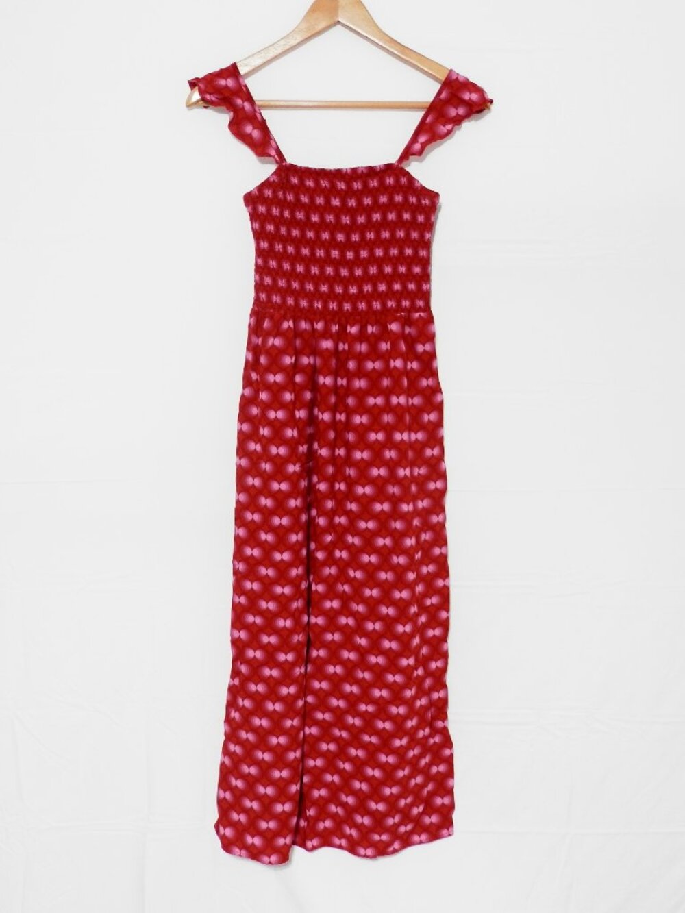 Lark + Grey Red Dotted Smocked Flutter Strap Maxi Summer Dress, Size M